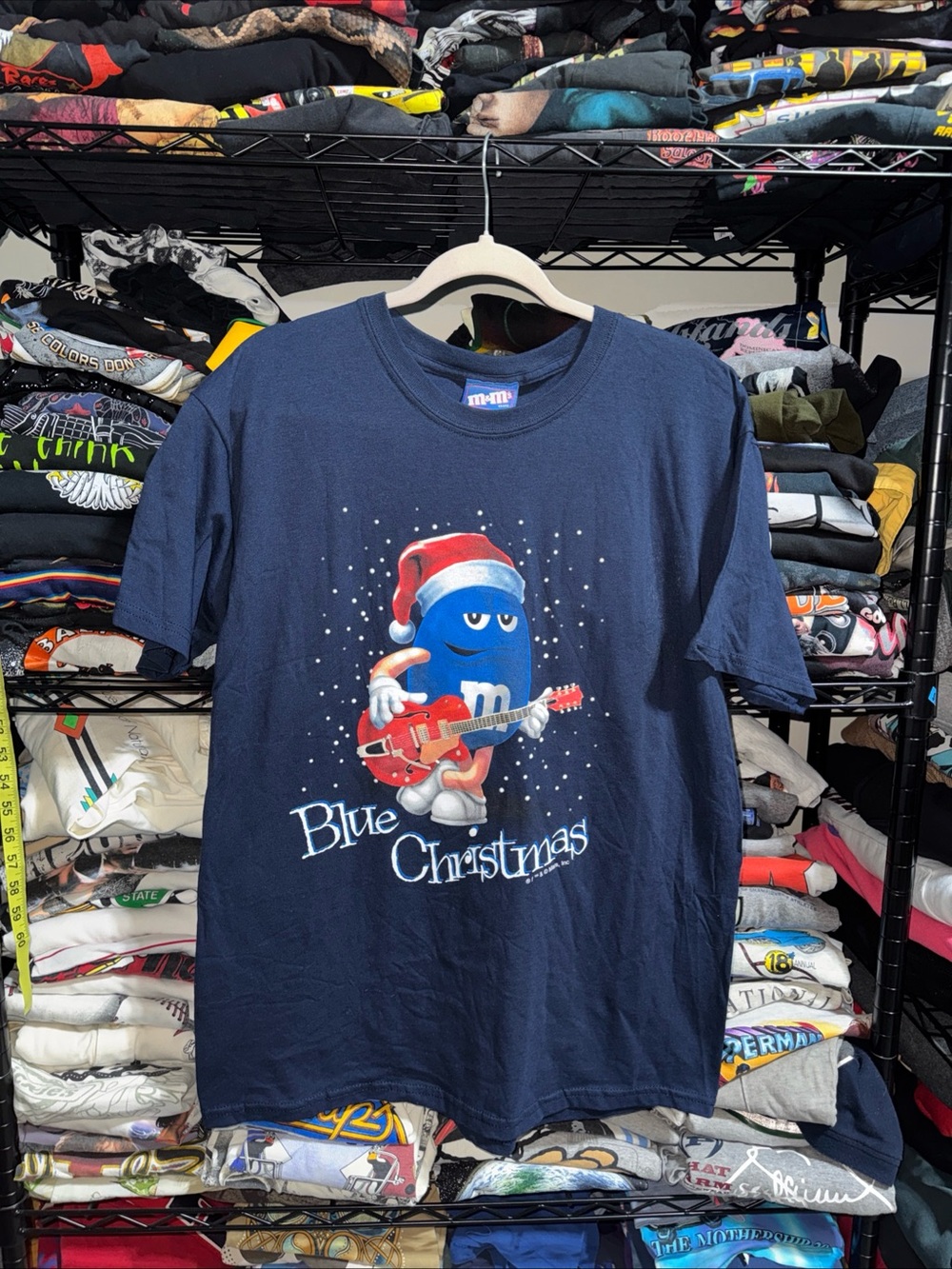 Vintage M&M Christmas Snow Guitar Graphic Shirt Blue Size Large